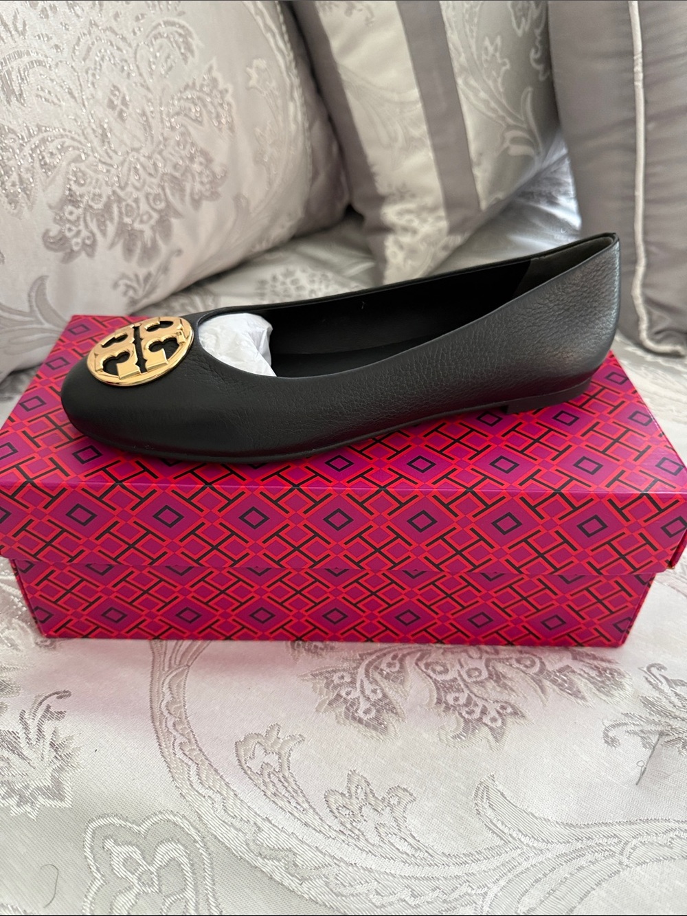 Tory Burch Black Leather Logo Toe Ballet Flat with Gold Medallion